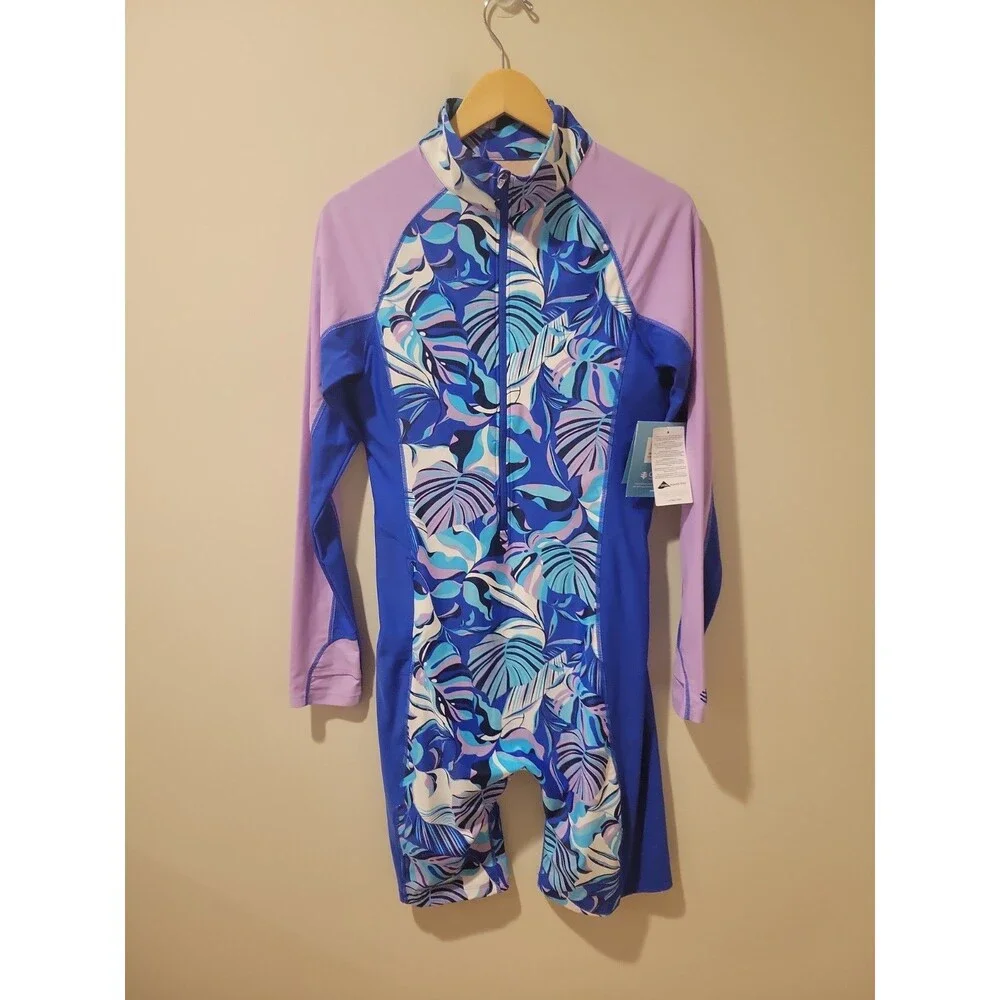 NWT Coolibar Alana Knee Length Long Sleeve Swimsuit Blue Tropical Size L UPF 50+